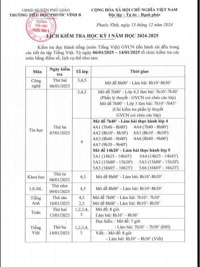 LỊCH KIỂM TRA, ĐÁNH GIÁ CUỐI KỲ I. 2024-2025